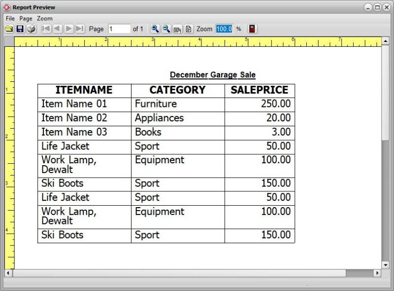 Garage Sale Inventory Software for Windows PCs table report